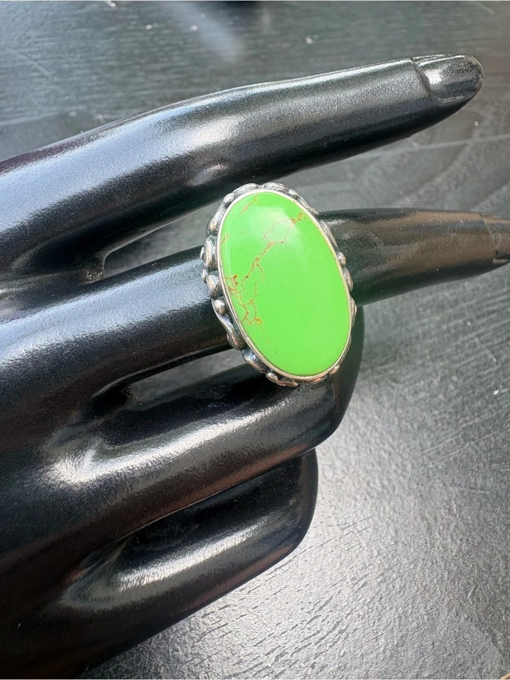 Vintage Bohemian Green Turquoise  Sterling Silver Statement Ring - Size 7.75